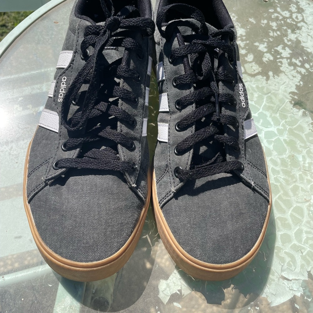 Adidas Men's Black and White Sneakers with Tan Sole